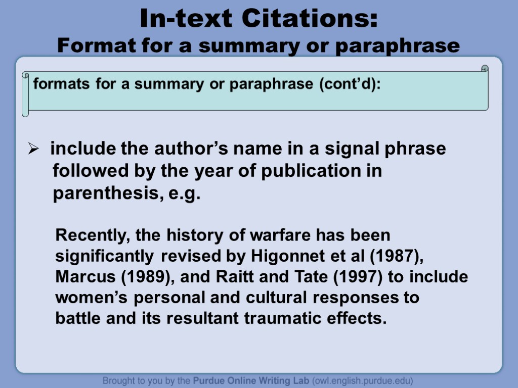 In-text Citations: Format for a summary or paraphrase include the author’s name in a